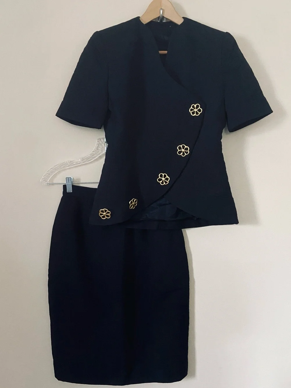 Vintage Union Made Black Pencil Skirt Jacket Suit Gold Floral Button  80s 90s